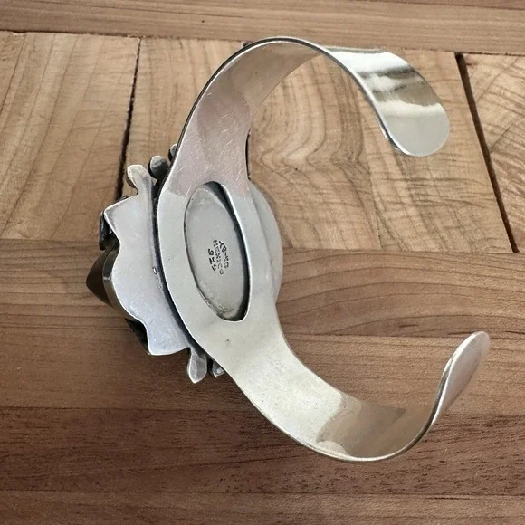 Taxco Cuff Bracelet Sz 6 Adjust Carved Black Onyx‎ Mask Aztec 925 Sterling 44.5g - Picture 6 of 13